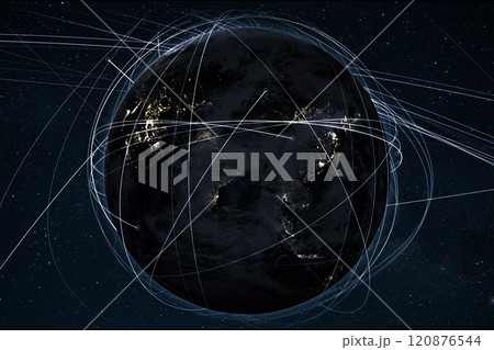 Night planet earth with lights of night cities of asia, china, india, korea and japan in starry space with communication lines and satellites. Technology, concept 120876544