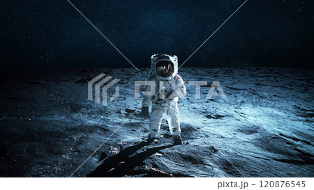 Lonely astronaut walks on the lunar surface. Lunar mission and exploration. Space man on the moon Lonely astronaut walks on the lunar surface. Lunar mission and exploration. Space man on the moon 120876545