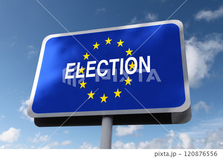 Road sign Europe Elections on a blue sky with clouds. Elections and freedom, creativity Road sign Europe Elections on a blue sky with clouds. Elections and freedom, creativity 120876556