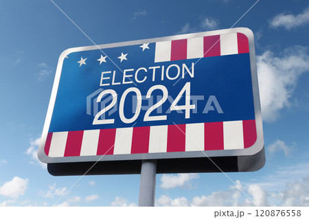 Road sign Election 2024 usa flag on blue sky. Freedom of choice, concept 120876558