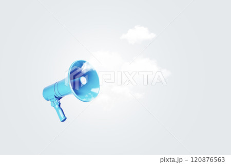 Creative blue loudspeaker with clouds on a gray background, concept. Affiliate marketing and attracting traffic, creative idea. Attention. Ad 120876563