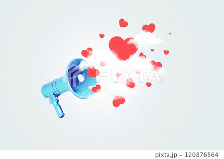 Creative blue loudspeaker with hearts in the clouds, concept. Marketing and likes, creative idea. Advertising and sales. Creative blue loudspeaker with hearts in the clouds, concept. Marketing and likes, creative idea. Advertising and sales. 120876564
