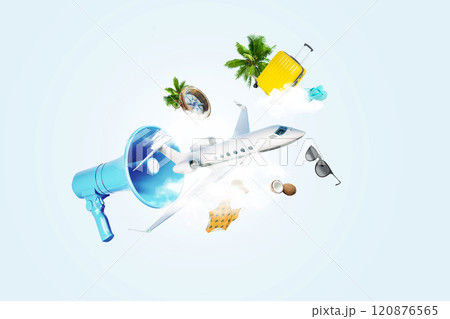Creative blue loudspeaker with airplane, clouds, compass, luggage, bag, glasses, palm trees and swimsuit. Travel, creative idea. Advertising and attracting attention. Summer time Creative blue loudspeaker with airplane, clouds, compass, luggage, bag, glasses, palm trees and swimsuit. Travel, creative idea. Advertising and attracting attention. Summer time 120876565