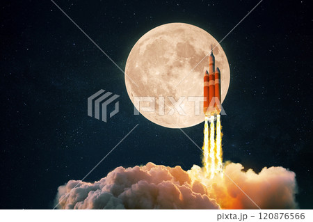 New space rocket with smoke and clouds takes off into the sky with full moon. Shuttle spaceship liftoff. Space Mission Launch Concept. New space rocket with smoke and clouds takes off into the sky with full moon. Shuttle spaceship liftoff. Space Mission Launch Concept. 120876566