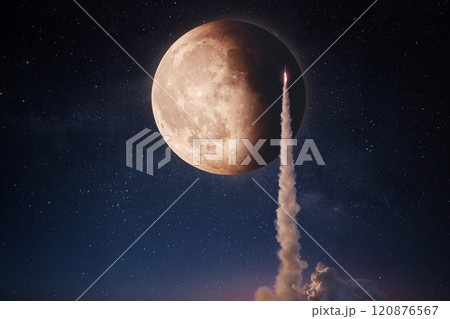 New rocket with smoke and blast successfully takes off into the starry sky with a full moon. Spaceship launch, concept. Space mission to the moon.. Start concept New rocket with smoke and blast successfully takes off into the starry sky with a full moon. Spaceship launch, concept. Space mission to the moon.. Start concept 120876567