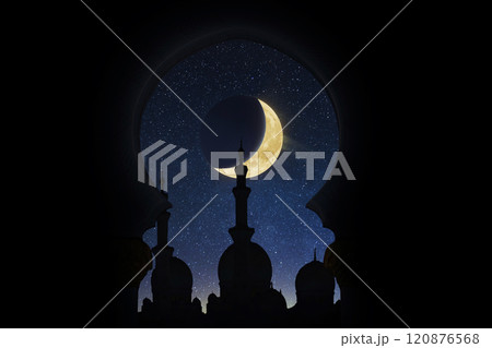 Mosque at night with a month. Silhouette on the background of the starry sky. Ramadan. Mosque at night with a month. Silhouette on the background of the starry sky. Ramadan. 120876568