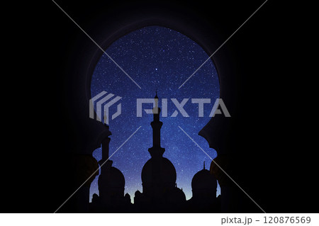Night mosque silhouette on the starry sky. Ramadan. Muslim religion 120876569