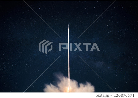 Space rocket launch into the starry sky. Space shuttle with blast and blast lift off into space on a dark background. Successful start, concept Space rocket launch into the starry sky. Space shuttle with blast and blast lift off into space on a dark background. Successful start, concept 120876571