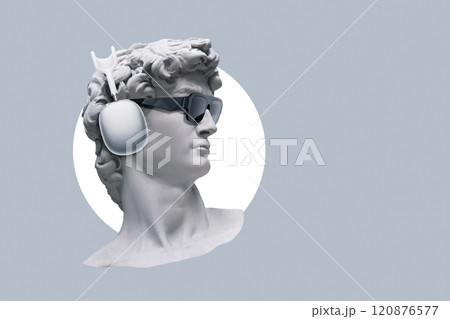 Creative hipster bust statue with fashion sunglasses and headphones on gray background, concept. Creative idea and modern art. 120876577