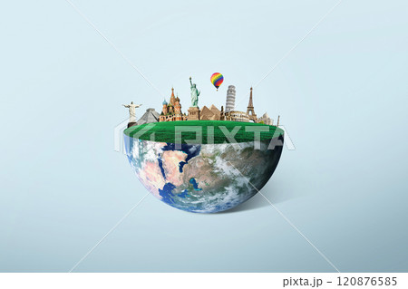 Half of the planet earth with green grass with world landmarks, concept. Travel on planet earth, creative idea. Trip adventure 120876585