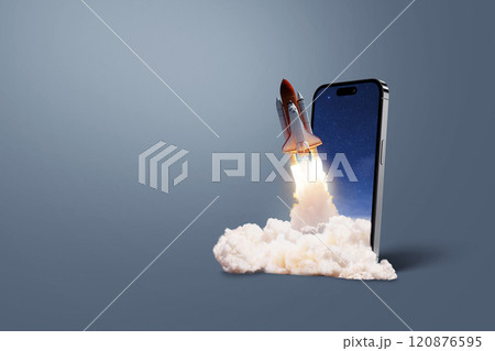 Smartphone with a rocket taking off with smoke and blast on a dark background, concept. Start up and launch, creative idea. Application and promotion. Marketing. Space shuttle lift off. Optimization Smartphone with a rocket taking off with smoke and blast on a dark background, concept. Start up and launch, creative idea. Application and promotion. Marketing. Space shuttle lift off. Optimization 120876595