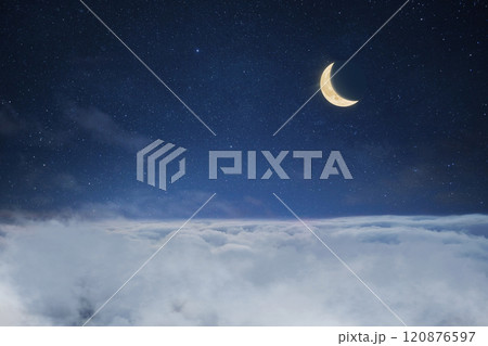 Clouds with starry sky and crescent moon, creative idea. Sleep and dreams, concept. Good night. 120876597