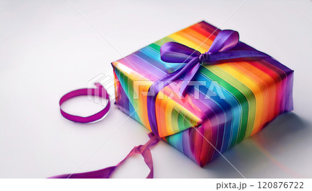 A colorful gift box with a purple ribbon tied around it 120876722