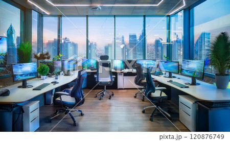 A large office with many computer monitors and chairs 120876749