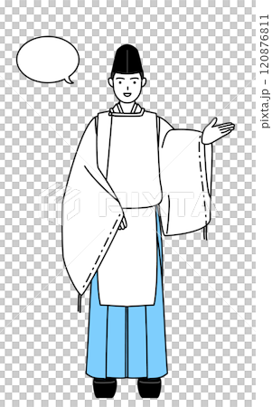 帶領我們的神社祭司，穿著烏賊和卡里吉，帶著對話泡泡 120876811