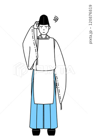 困って頭をかく神社の神主、烏帽子と狩衣姿 120876819