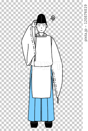 困って頭をかく神社の神主、烏帽子と狩衣姿 120876819