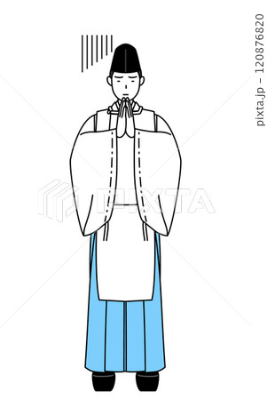 体の前で手を合わせて謝る神社の神主、烏帽子と狩衣姿 体の前で手を合わせて謝る神社の神主、烏帽子と狩衣姿 120876820