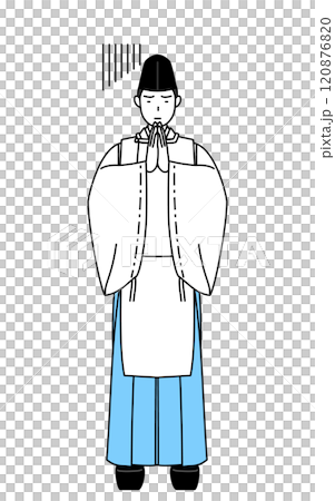 神社的神父穿著烏賊和袈裟，雙手合十在身前道歉。 120876820