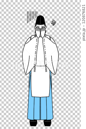 神社的神父穿著烏賊和袈裟,摀著臉,表情鬱悶。 神社的神父穿著烏賊和袈裟,摀著臉,表情鬱悶。 120876821