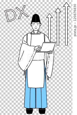 Image of DX: A Shinto priest who has succeeded in improving his business operations, wearing a black hat and kariginu (traditional Japanese hunting costume) Image of DX: A Shinto priest who has succeeded in improving his business operations, wearing a black hat and kariginu (traditional Japanese hunting costume) 120876830