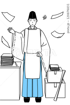 片付かない業務にうんざりする神社の神主、烏帽子と狩衣姿 片付かない業務にうんざりする神社の神主、烏帽子と狩衣姿 120876831