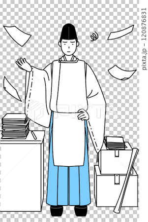 片付かない業務にうんざりする神社の神主、烏帽子と狩衣姿 片付かない業務にうんざりする神社の神主、烏帽子と狩衣姿 120876831