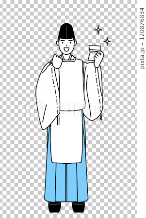 預金通帳を見て喜ぶ神社の神主、烏帽子と狩衣姿 預金通帳を見て喜ぶ神社の神主、烏帽子と狩衣姿 120876834