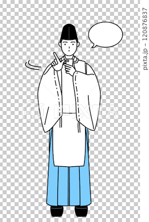 スマホを操作する神社の神主、烏帽子と狩衣姿 120876837