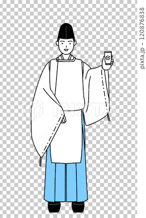 穿著 eboshi 和 karigi 的神社牧師在工作時戴著智慧型手機 120876838