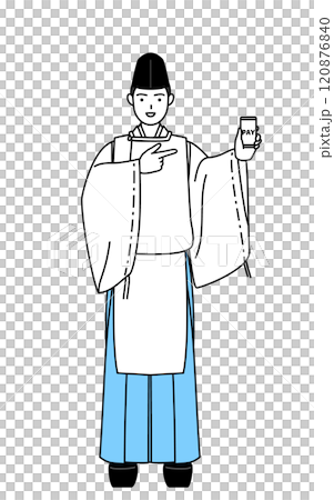 A Shinto priest in black hat and kariginu (traditional Japanese hunting costume) recommends cashless online payments via smartphone 120876840