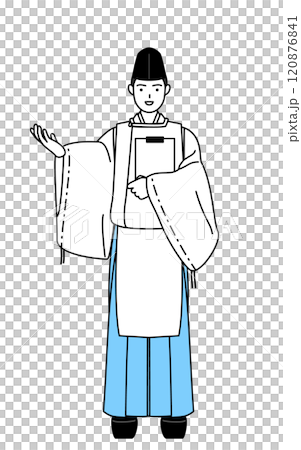 神社的祭司手持寫字板，雙手張開，身穿烏紙和袈裟。 120876841