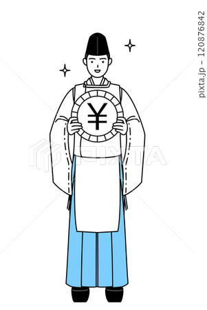為替差益や円高のイメージ、神社の神主、烏帽子と狩衣姿 120876842