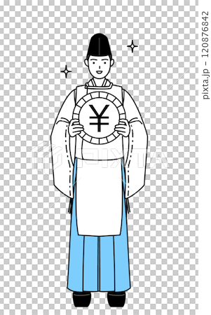 為替差益や円高のイメージ、神社の神主、烏帽子と狩衣姿 120876842