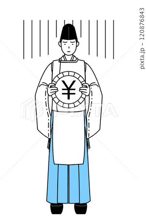 為替差損や円安のイメージ、神社の神主、烏帽子と狩衣姿 為替差損や円安のイメージ、神社の神主、烏帽子と狩衣姿 120876843