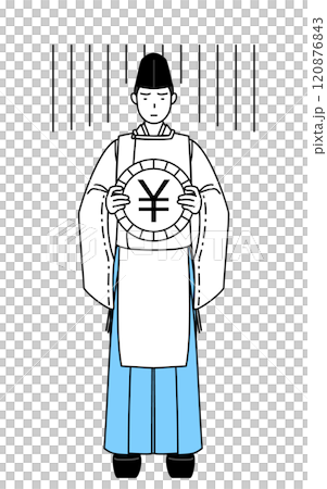 為替差損や円安のイメージ、神社の神主、烏帽子と狩衣姿 為替差損や円安のイメージ、神社の神主、烏帽子と狩衣姿 120876843