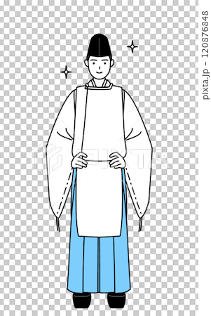 両手を腰に当てた神社の神主、烏帽子と狩衣姿 120876848
