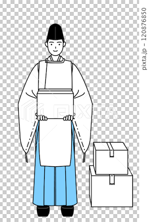 段ボールを運ぶ作業をする神社の神主、烏帽子と狩衣姿 120876850