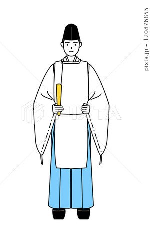 笏を持つ神社の神主、烏帽子と狩衣姿 120876855