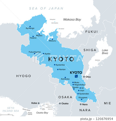 Kyoto Prefecture of Japan with capital of the same name, political map. 120876954