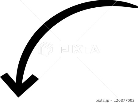 Hand drawn, curving arrow pointing downwards, featuring a sketchy, doodle like style. Perfect for highlighting important information or guiding attention in various designs 120877002
