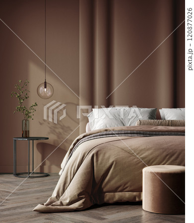 Bedroom in pastel tone Mocha Mousse color trend 2025 year panton furniture and background. Modern luxury room interior home design. 3d render Bedroom in pastel tone Mocha Mousse color trend 2025 year panton furniture and background. Modern luxury room interior home design. 3d render 120877026