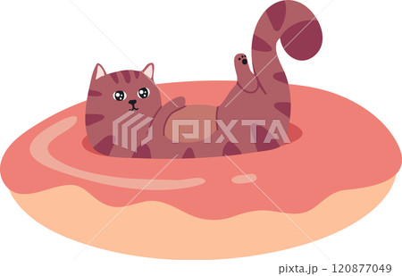 Cartoon illustration featuring a cute brown tabby cat lying on its back inside a giant donut, paws playfully raised, savoring a sweet and comfortable moment of relaxation Cartoon illustration featuring a cute brown tabby cat lying on its back inside a giant donut, paws playfully raised, savoring a sweet and comfortable moment of relaxation 120877049