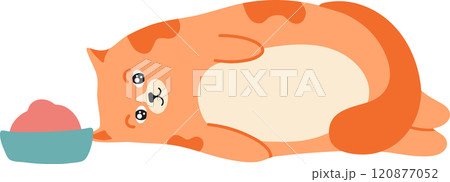 Cartoon illustration of a cute, fat, ginger cat lying on its side next to a bowl of pink food, looking at the viewer with a contented expression 120877052