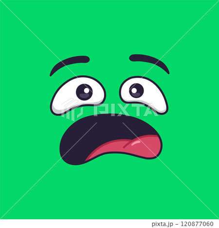 Cartoon face expressing fear and surprise with wide open eyes and mouth, and tongue sticking out, conveying a strong emotion against a vibrant green backdrop Cartoon face expressing fear and surprise with wide open eyes and mouth, and tongue sticking out, conveying a strong emotion against a vibrant green backdrop 120877060