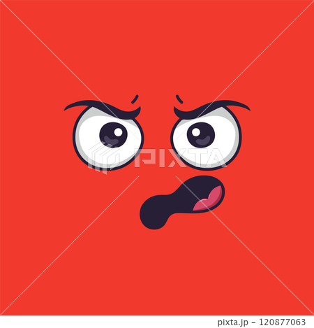 Cartoon angry face displaying negative emotions with furrowed eyebrows, wide open eyes, and a partially open mouth revealing a tongue against a vibrant red background 120877063