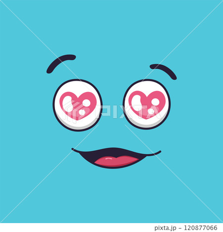 Cartoon face radiating love and affection, featuring heart shaped eyes that express deep romance and adoration against a vibrant blue background, creating a joyful atmosphere Cartoon face radiating love and affection, featuring heart shaped eyes that express deep romance and adoration against a vibrant blue background, creating a joyful atmosphere 120877066