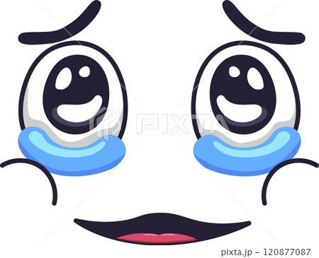 Cartoon face is expressing mixed emotions, crying tears of joy with smiling eyes and a happy mouth, creating a bittersweet and ironic expression 120877087