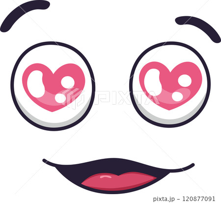 Cartoon face expressing love and affection with heart shaped eyes, raised eyebrows, and a wide, smiling mouth, conveying feelings of adoration and happiness 120877091