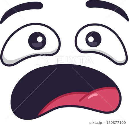 Cartoon face expressing disgust and surprise with wide open eyes, raised eyebrows, open mouth and tongue sticking out, creating a funny and expressive character 120877100